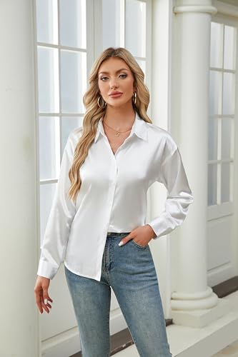 Womens Satin Silk Button Down Shirts Long Sleeve Blouse Dressy Solid Casual Office Work Ladies Tops3