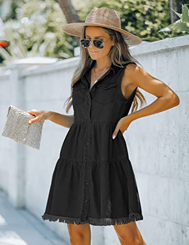 Image of luvamia Women's Casual Summer Lapel Sleeveless Button Down Short Denim Jean Dress