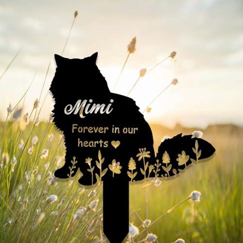 Custom Fluffy Cat Memorial Stake Sign - Metal Grave Marker with Personalized Cat Name - In Heaven Remembrance Yard Stake for Loss of Pet Sympathy Gift