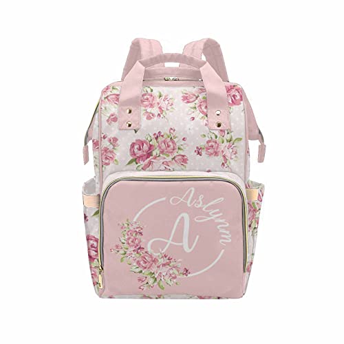 Newcos Custom Name Baby Diaper Bag with Initials for Mother's Day, Personalized Pink Floral Nursing Mommy Daypack Nylon Waterproof Travel Backpack with Large Capacity for Women