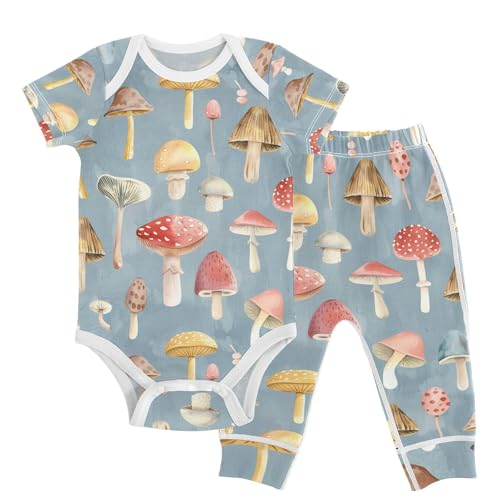KICPOAY Baby Unisex Cotton Clothes Set Colorful Pastel Wild Mushrooms Infant Short Sleeve Bodysuits Pants Sets 6-9M