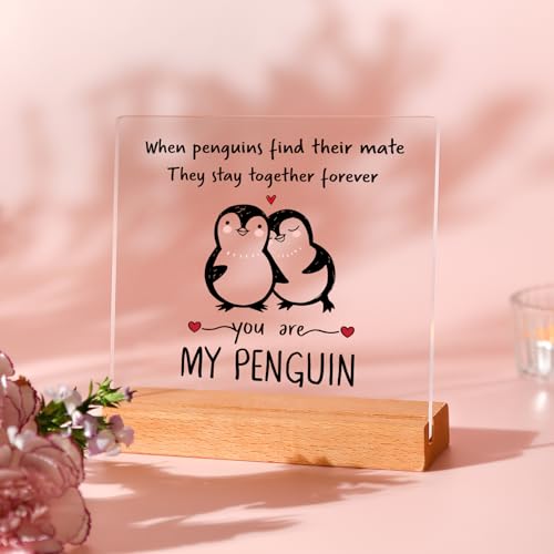 Valentines/Anniversary/Birthday Gifts for Him Her, Penguin Acrylic Plaque Gifts for Boyfriend Girlfriend, Romantic I Love You Gifts, Anniversary Wedding Birthday Gifts for Husband Wife