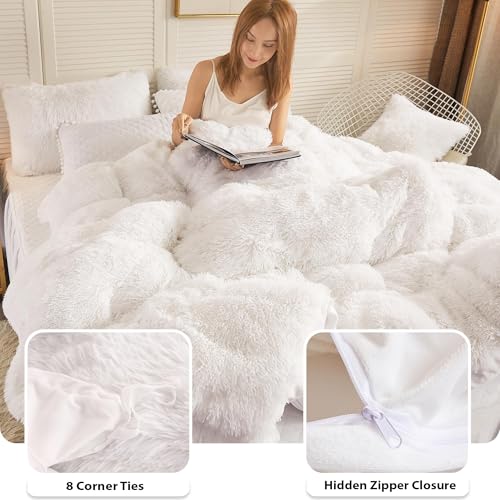 Image of LIFEREVO Luxury Plush Shaggy Duvet Cover Set, Ultra Soft Fluffy Furry Duvet Cover Set(1 Faux Fur Fuzzy Comforter Cover + 2 Pom Poms Velvet Pillow Cases) Solid Bedding Set, Zipper Closure(King, White)