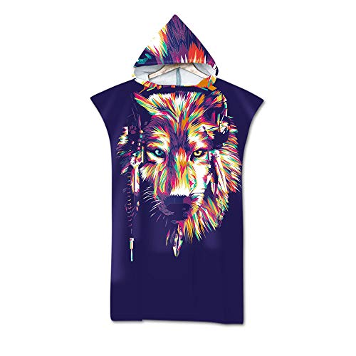 ACOMOO Toalla de Playa Tipo Poncho con Capucha para cambiarse la Bata Toalla Grande de Microfibra con Estampado 3D Toalla de Viaje Ligera para Surf natación y Acampada para (75x110cm Snow Wolf B)