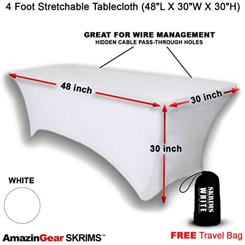 Pro Dj Event Table Scrim With Cable Pass-Through Holes - Skrims Rectangular Four-Way Stretch Spandex Table Cover - 4 Ft. Elastic Tablecloth - White #TOP4