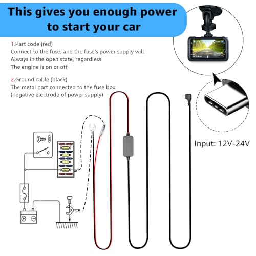 Image of Dash Cam Hardwire Kit USB C Hard Wire Kit with 12V-24V to 5V Car Dash Camera Power Cord,24 Hours Surveillance Low Voltage Protection 4 Fuse Tap Cable 13FT