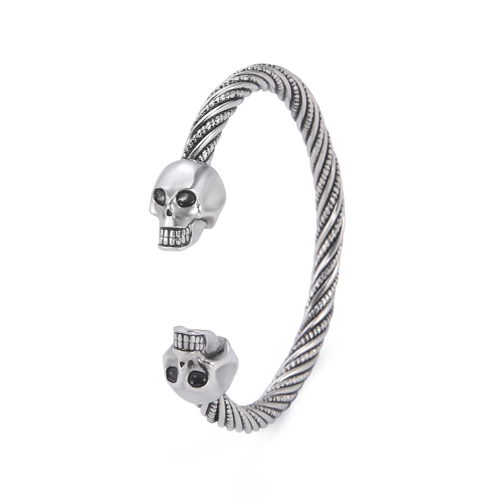 SIPURIS Pulsera de calavera para hombre, anillos de brazo vikingo nórdico, ajustable, de acero inoxidable, con cabeza de calavera, trenzada, pulsera para hombre, símbolo pagano