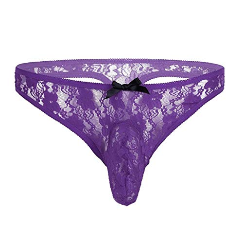 Letdown(TM) Men Lingerie Floral Lace Semi See-Through Bikini Briefs Solid Color T-Back Underwear Mens Sexy Fashion 2020 Purple
