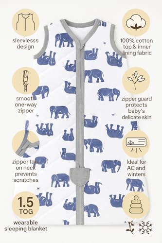 Image of TuddyBuddy Baby Cotton Wearable Quilted Sleeping Bag Blanket 1.5 Tog with 1 Way Zipper Closure | Ideal for Babies & Kids Hypoallergenic Fabrics | (Blue Elephants, 12-18 Months)