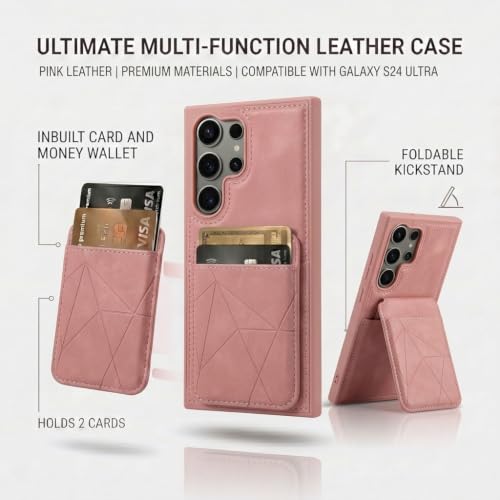 Image of amazon basics Premium Vegan Leather Back Cover with Card Holder and Integrated Mobile Stand for Samsung Galaxy S24 Ultra 5G - Slim Shockproof Wallet Case with Geometric Stitching [Pink]