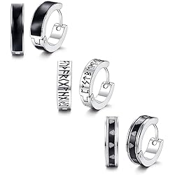 Adramata 3 Pares Pendientes Hombre, Acero Inoxidable Vikingo Aros Pendientes para Hombres Mujeres, Negro Stud Pendientes Clásico Norse Runas Huggie Aros Pendientes, Diámetro interior 9mm,A