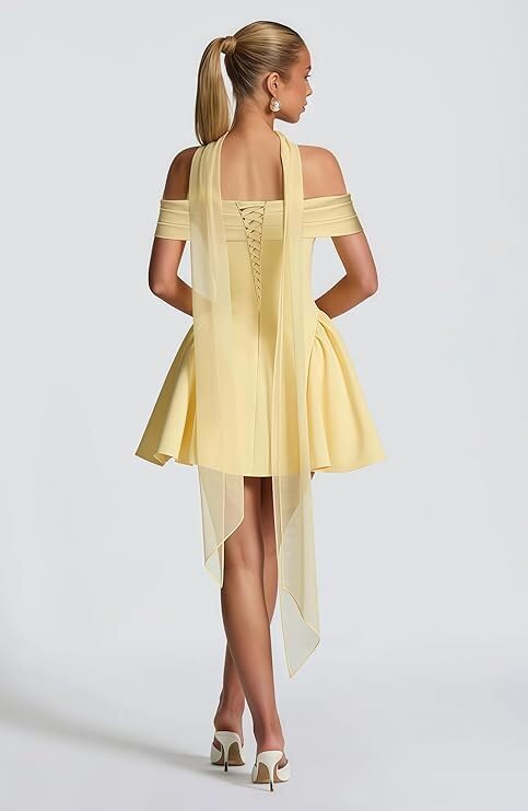 2025 Off The Shoulder A-Line Homecoming Dresses for Teens A-Line Short Satin Cocktail Party Gown with Scarf2