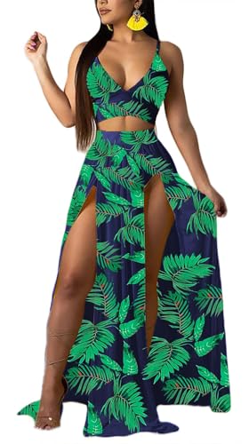 Image of Women Sexy 2 Piece Outfits Dress Chiffon Strap Deep V Neck Bra Crop Top High Split Maxi Dresses Skirt Set