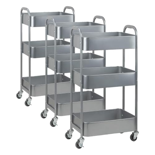 Image of MAX Houser 3-Tier Rolling Utility Cart with Caster Wheels,Easy Assembly, for Kitchen, Bathroom (Silvery-Grey) (Pack of 3)
