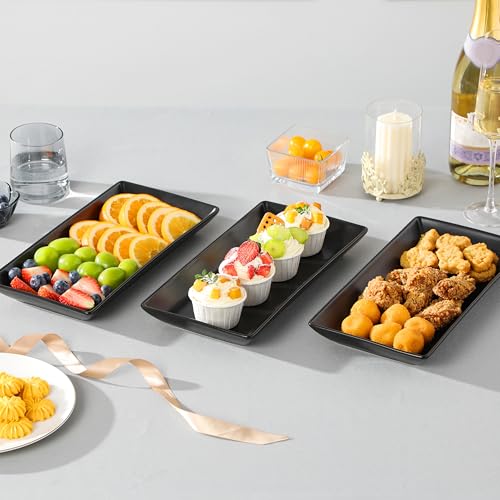 MALACASA 3 Tier Serving Trays for Party, 12 Inch Porcelain Black Trays for Serving Food, Dessert Stand with Collapsible Gold Metal Rack