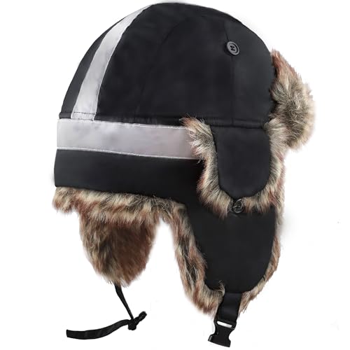 Image of Faux Fur Safety Reflective Aviator Trapper Hat Snow Ski Trooper Winter Cap