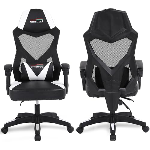 Amstrad AMS-309-WH Fauteuil/Chaise/Siège de Bureau ou Gamer Noir & Blanc - Coussin Lombaire - Tissu en Maille Respirante