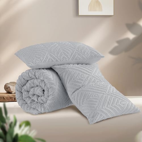 Image of Andency Light Grey Boho Queen Comforter Set, Lightweight Fluffy Bedding Comforter Sets for Queen Bed, 3 Pieces Tufted Farmhouse Shabby Chic Bed Set for All Seasons (1 Comforter 90x90In, 2 Pillowcases)