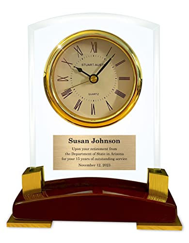 Clock With Personalized Plate - Stands 8” Tall - Retirement Award Or Gift For Employee Recognition - Glass With Rosewood Base, Gold Clock And Plate #TOP23