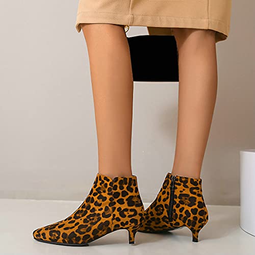 Trendenzy Women's Kitten Heel Booties Pointed Toe Side Zipper Leopard Ankle Boots3