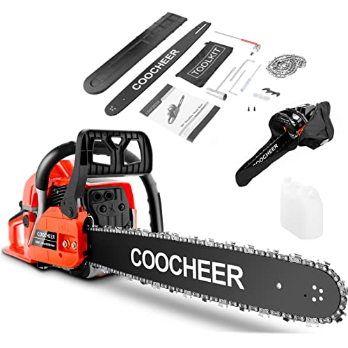 COOCHEER Gas Chainsaw 62CC, 3.5-HP Gas powered Chainsaws, 20-Inch Bar, Tool Kit and Carrying Bag Included, 2-Stroke Handheld Cordless Chain Saw for Cutting Wood and Trees, Orange-Red