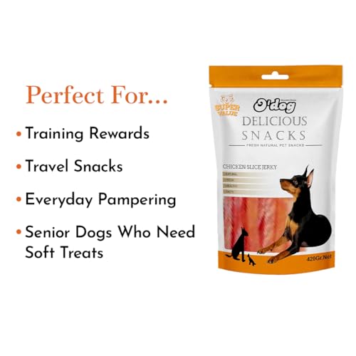 Image of O'Dog Chicken Slice Jerky, Healthy Dog Treats, Chewy Dogs Bites for Training and Feeding, Made with Real Chicken, Non-Vegetarian Pup Snacks for Dogs, Puppies Super Value Pack 420 GMS