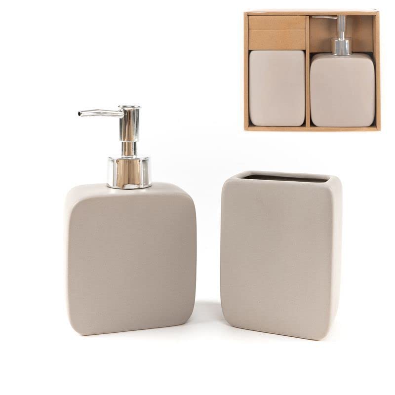 ROCKING GIFTS Juego de Baño 2 Piezas Jabonera y Vaso Natural Ceramica 17 cm