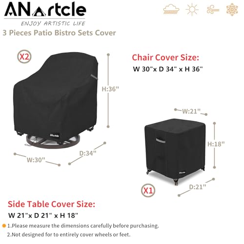 Image of ANartcle 3 Pieces Patio Bistro Sets Cover,600D Waterproof Heavy Duty Patio Furniture Covers,Includes 2 Outdoor Swivel Chair Covers and 1 Patio Wicker Side Table Cover(Black)