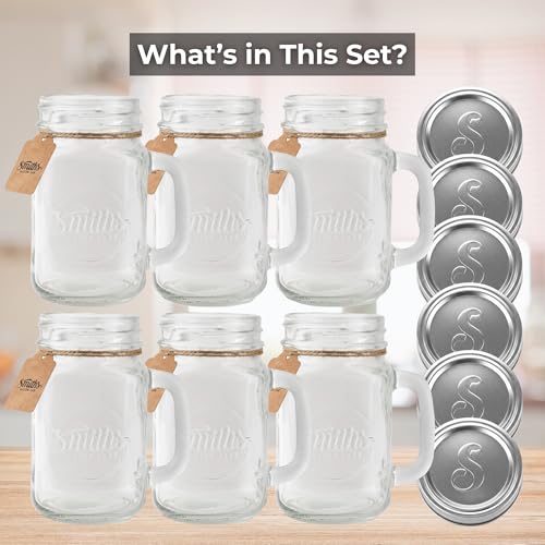 Smiths Mason Jars 6 Pack Pint16oz (473ml) Glass Old Fashioned Mugs with Handles and Screw Top | Drinking Glasses Ideal for Making Overnight Oats and Smoothies - Image 3