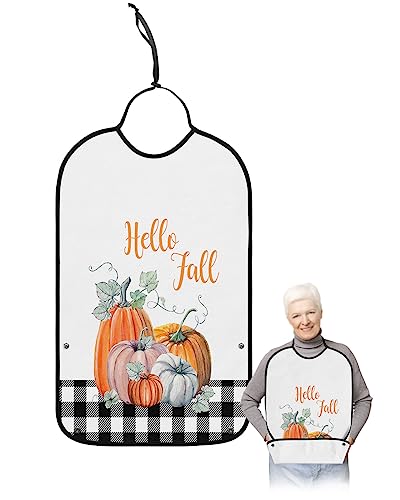 Thanksgiving Pumpkin Adult Bibs for Eating, Waterproof Bibs with Food Catcher & Adjustable Snap Closure, Fallen Leaves Black White Plaid Washable Clothing Protectors Adult Bibs for Elderly Women/Men