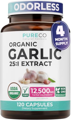 PURE CO USDA Organic Garlic Supplement - High Potency 25:1 Garlic Extract with 12 500mg Herbal Equivalent Strength for Immune & Heart Support - Odorless Vegan & Non-GMO (4 Month Supply)