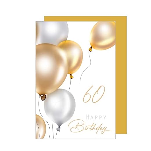 Edition Seidel Tarjeta de felicitación de 60 cumpleaños premium con sobre. Tarjeta de felicitación Billet Happy Birthday para mujer hombre adolescentes globos oro (GZ349-60 SW023)