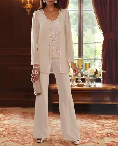 Sequin Pant Suits for Women Dressy Chiffon 3 Piece Mother of The Bride Pantsuits for Wedding Guest with Jacket2