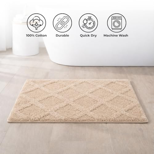 Image of Premium Combed Cotton Tufted Bathmat 50 x 80 cm, 1800 GSM Soft Absorbent Anti Skid Bathroom Floor Mat with Latex Backing, Quick Dry Non Slip Bath Rug for Shower & Daily Use, Diamond Beige