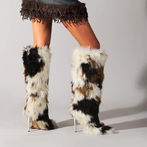 FancyQueen Faux Fur Boots for Women Knee High Furry Heel Boots Fashion Pointed Toe Snow Winter Boot Warm Women Boot3