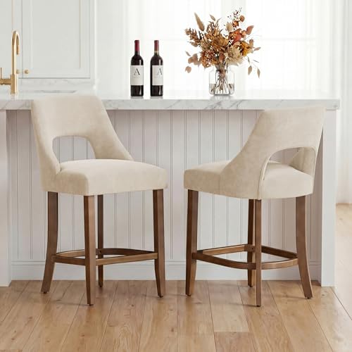 Image of UVV Bar Stools Set of 3, Upholstered Counter Height Bar Stools, Modern Counter Stools with Wood Legs for Kitchen Island Dining Room Bar, Beige