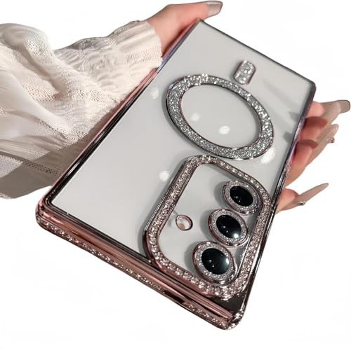 Image of for Samsung Galaxy Glitter Case,Luxury Bling Rhinestone Diamond Plated Bumper Case,MagSafe, Sparkle Camera Lens Protection Clear Back Cover (Pink, for Samsung Galaxy S25 Plus 5G)