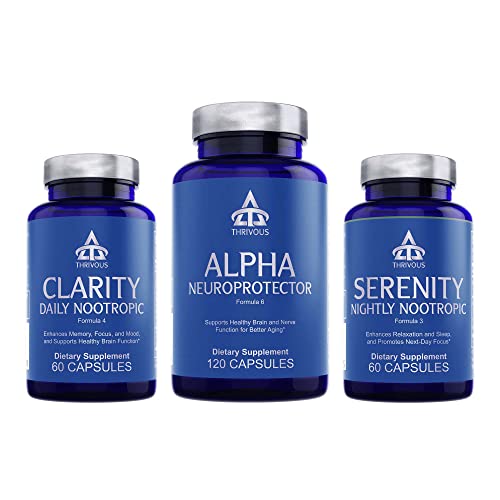 Nootropic Stack - Enhance Memory, Sleep & Brain Function for Better Aging - Advanced Nootropic Supplement - 3 Item Bundle: Alpha Neuroprotector, Clarity Daily Nootropic & Serenity Nightly Nootropic