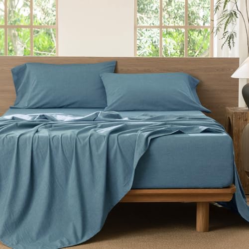 Image of MooMee Bedding Sheet Set 100% Washed Cotton Linen Like Textured Breathable Durable Soft Comfy (Heathered Peacock Blue, Queen)