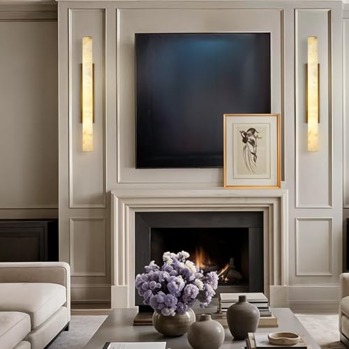 Image of Brass Alabaster Wall Sconces, Spanish Natural Marble Wall Sconce, 36 inch Long Stone Wall Sconce Dimmable, Gold Alabaster Sconces Wall Lighting Indoor, Marble Wall Light for Bathroom, Living Room, 1PC