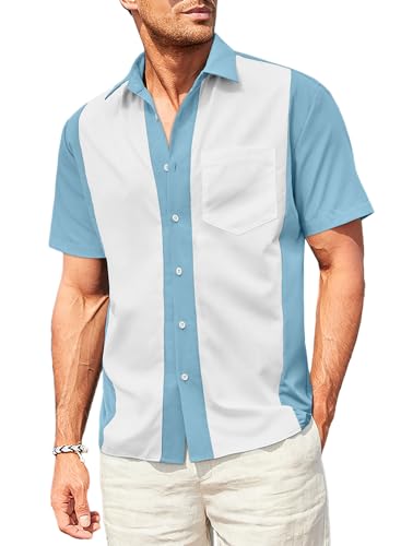 Elegancity Herren Klassische Kurzarm Hemd, Zweifarbig Gestreiftes Bowlinghemden Knopfverschluss Hawaiihemd Sommerhemd