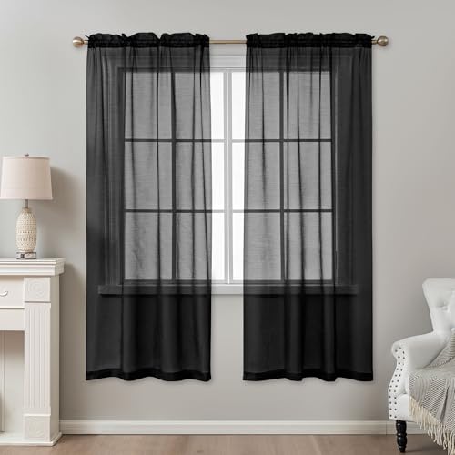 Image of Black Sheer Curtains 72 Inches Long, Privacy Semi Sheer Curtains for Living Room Bedroom, Light Filtering Rod Pocket Voile Window Drapes 2 Panels Set, Each 42 inch W x 72 inch L