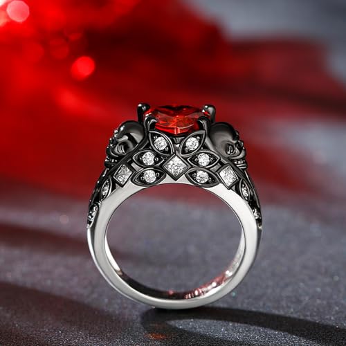 Image of Jeulia 2.55ct Skull Engagement Ring Sets Sterling Silver Heart Cut Red Diamond Ruby Rings Cubic Zirconia Wedding Promise Anniversary Romantic Jewelry for Women Grils Bridal with Gift Box