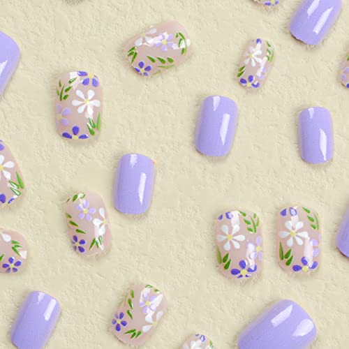 Purple Press On Nails Short Round False Nails With Flower Designs Cute Fake Nails Glossy Flower Glue On Nails Summer Acrylic Nails Full Cover Extra Short Nails Press On Stick On Nails For Women Girls #TOP7