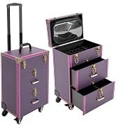 LEYSRIS Lockable Rolling Makeup Case Cosmetic Case with Universal Wheels, 3-Tier Purple Trolley M...