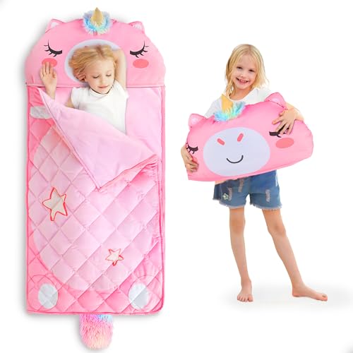 iplay ilearn kid sleeping bag unicorn slumber sack toddler girl nap mat 2 in 1 pink animal cushion blanket happy travel sleepover daycare preschool birthday gift for 3 4 5 6 year old child