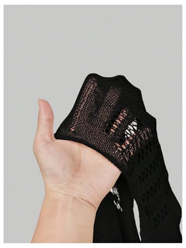 Image of BEAUDRM Women's Crochet Bolero Shrug Goth Grunge Outfits Bell Sleeve Sweater Bow Pullover Crop Top