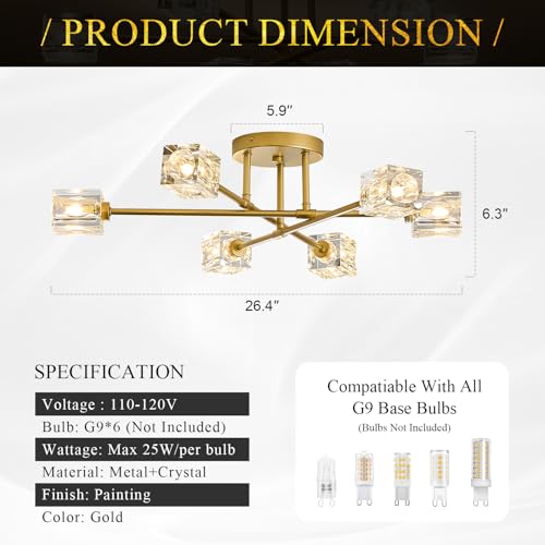 Image of Modern Crystal Semi Flush Mount Ceiling Light Gold Sputnik Chandeliers 6 Lights Industrial 26 inch Chandelier for Foyer Entryway Kitchen Bedroom Living Room Dining Room