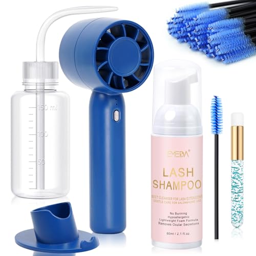 EMEDA Lash Shampoo Kit 2.02 fl oz Lash Cleaning Kit with Rechargeable Fan Dryer/Brush/Rinse Bottle, Oil-free Cleanser Wash for Extensions & Clusters & Natural Eyelashes, Cleaner for Eyelash Care