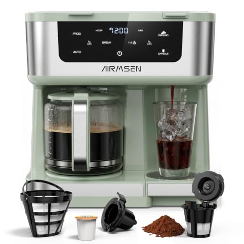 Image of AIRMSEN 12-Cup Programmable Duo Coffee Maker - Single Serve Machine for K-Cup Pods & Ground, 1000W Fast Brew, Delay Start, 2H Keep Warm, Touchscreen, 60oz Tank, Glass Carafe - Home & Office